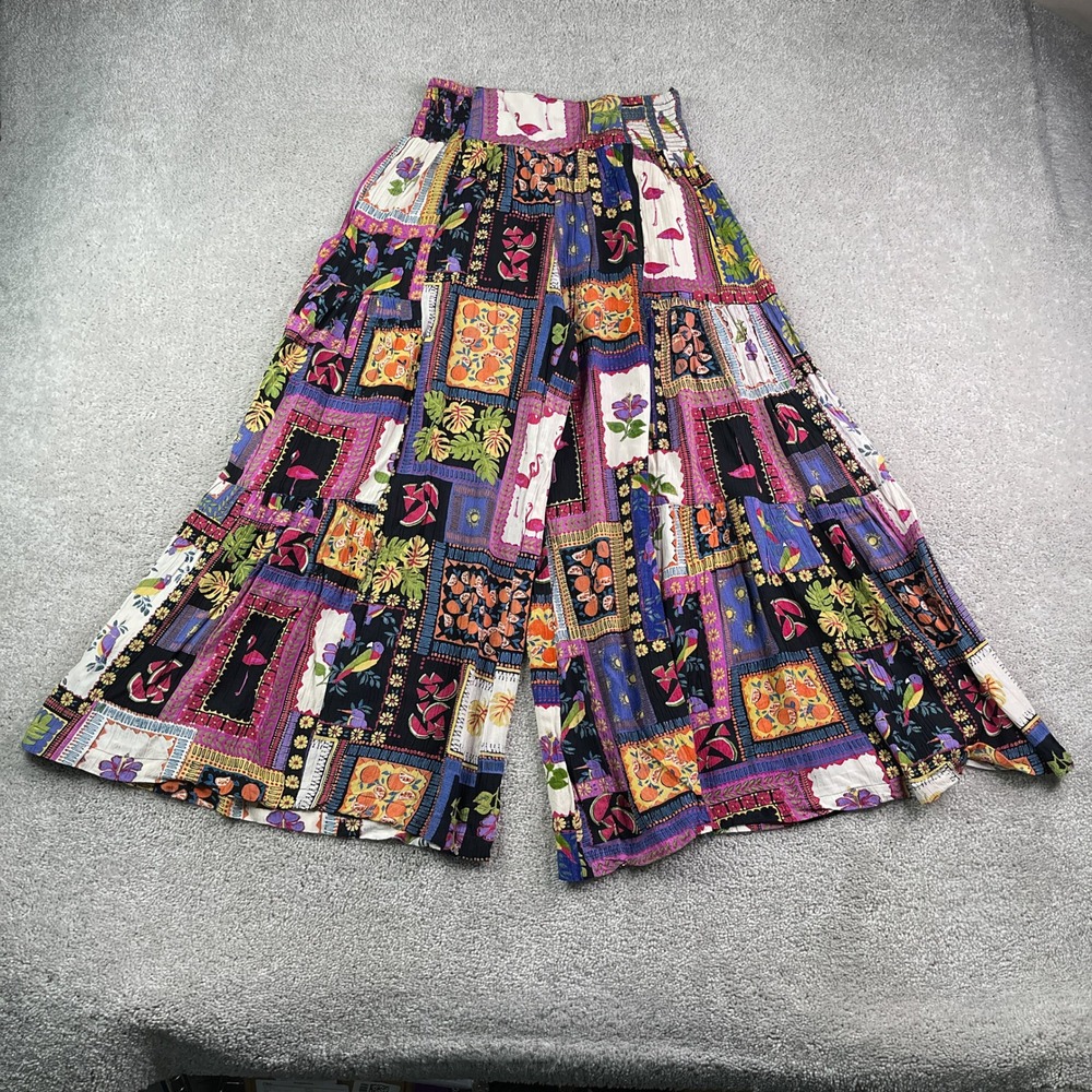Angie Pants Womens Small Multicolor Boho Artsy Flamingo Patchwork Wide Leg